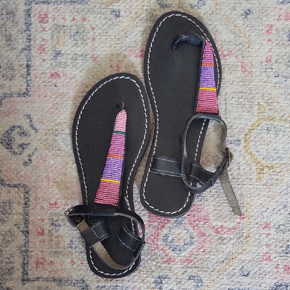 Anthropologie Laidback London Handmade Black Sandals with Pink Beaded T-Strap